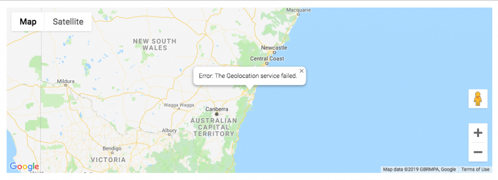 Screenshot of a Google map with the feature policy for geolocation access disabled