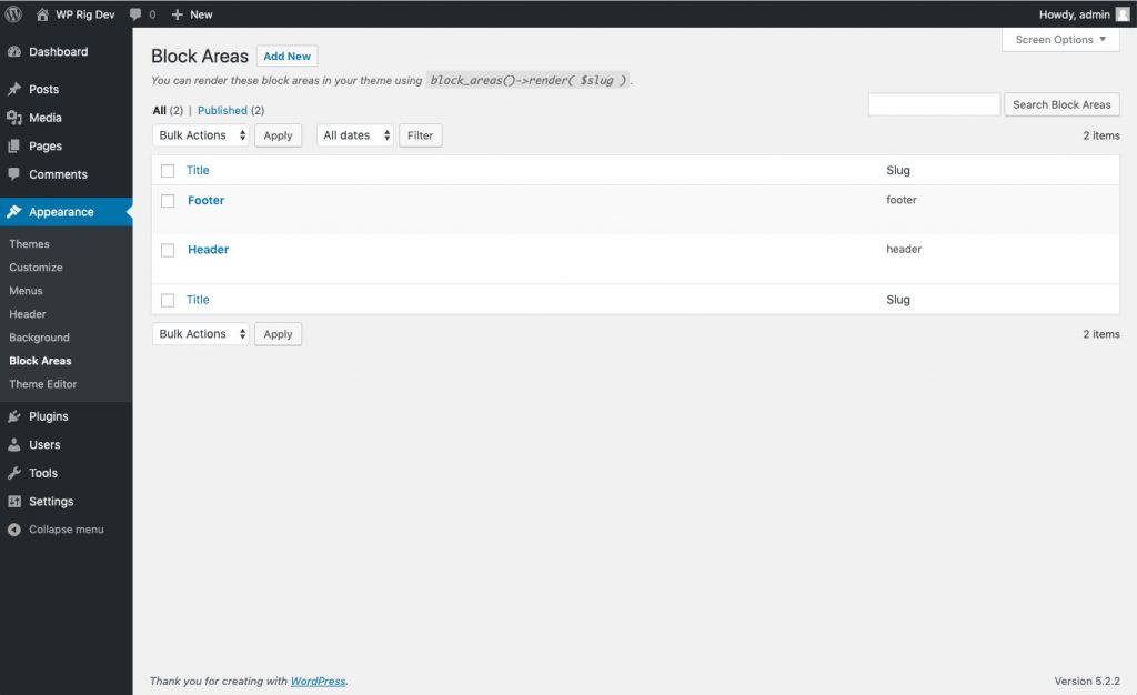 The Block Areas plugin admin page