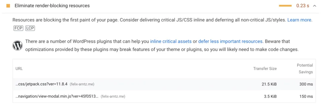 PageSpeed Insights recommendation informing that the same jetpack.css file is also render-blocking, alongside a small script used for the navigation block