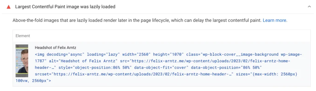 PageSpeed Insights recommendation informing that the LCP image was lazily loaded