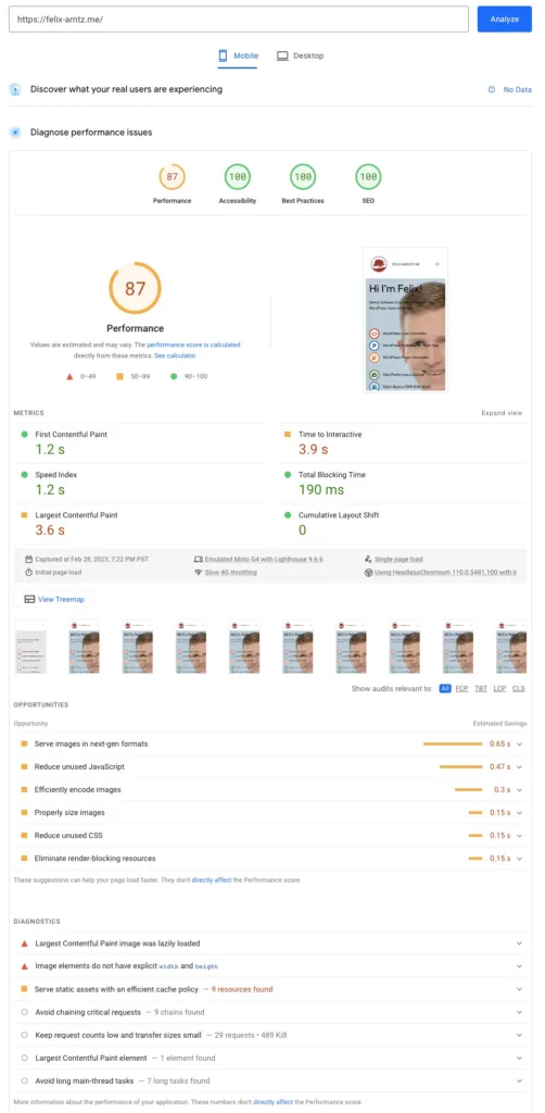 PageSpeed Insights screenshot with performance score of 87 and LCP of 3.6 seconds