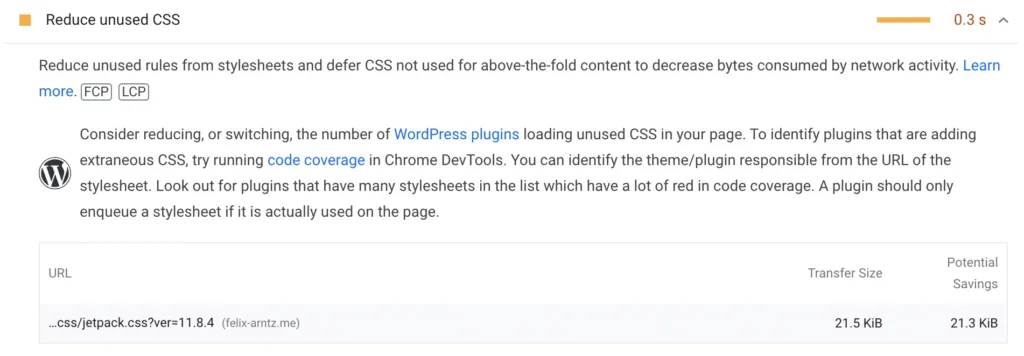 PageSpeed Insights recommendation informing that a jetpack.css file of 21.5 KB size was loaded that contained a lot of unused CSS
