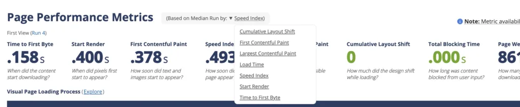 WebPageTest result UI for changing the metric to base the Median Run on