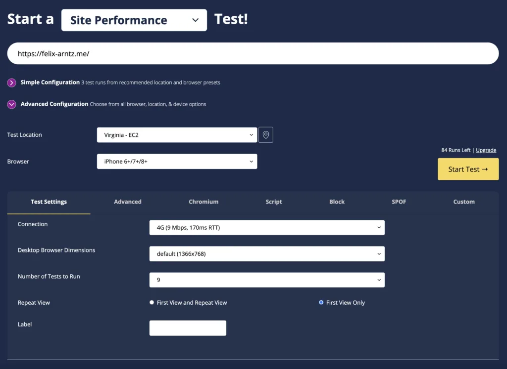 UI on the WebPageTest service to configure a site performance test