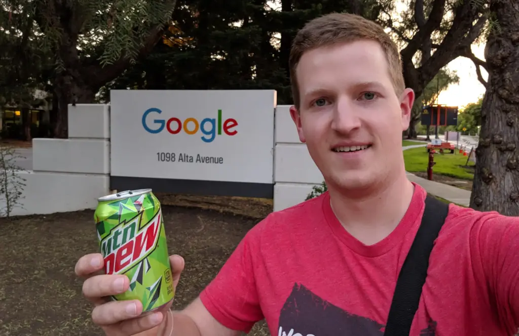 Felix Arntz drinking a Mountain Dew at Google Mountain View