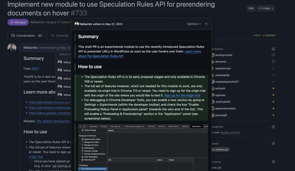 Screenshot of the initial GitHub pull request, showing the original description for when it had just been started as an experiment: "The Speculation Rules API is in its early proposal stages and only available in Chrome 108 or newer. The full set of features however, which are needed for this module to work, are only available via origin trial in Chrome 113 or newer. [...]"