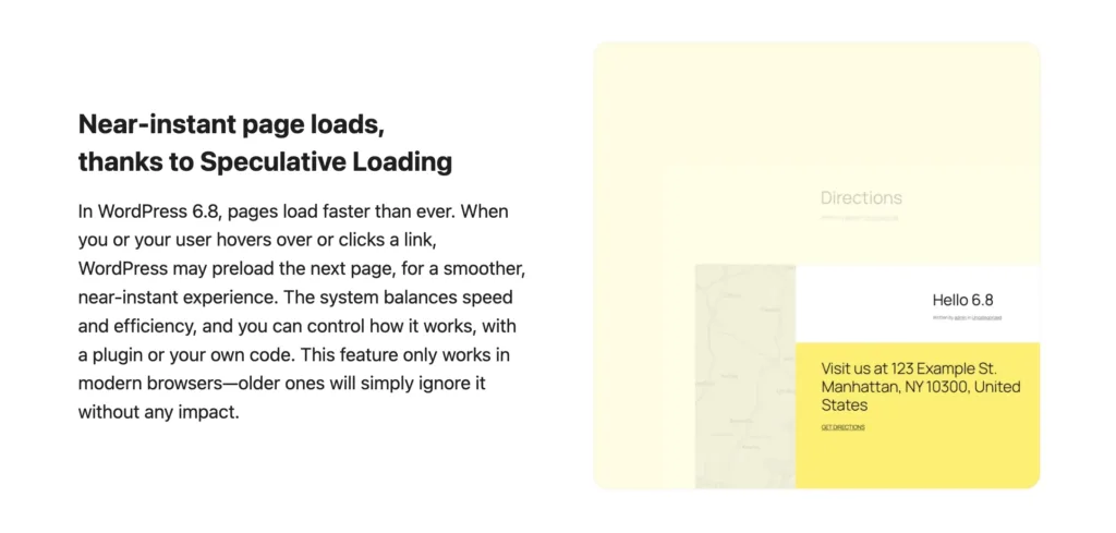 Speculative loading feature as highlighted on the About page of WordPress 6.8: "Near-instant page loads, thanks to Speculative Loading"