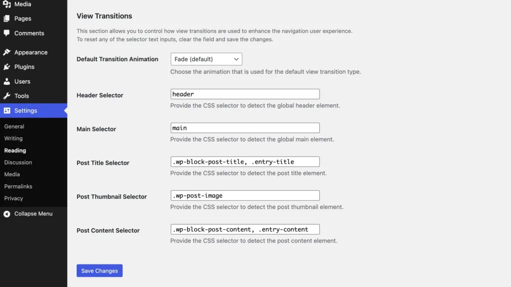 Settings section of the View Transitions plugin for WordPress