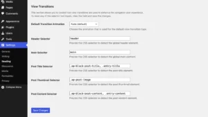 Settings section of the View Transitions plugin for WordPress