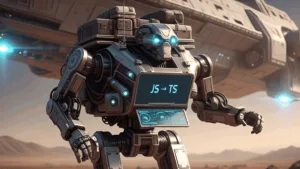 Sci-fi illustration of a JavaScript to TypeScript migration droid